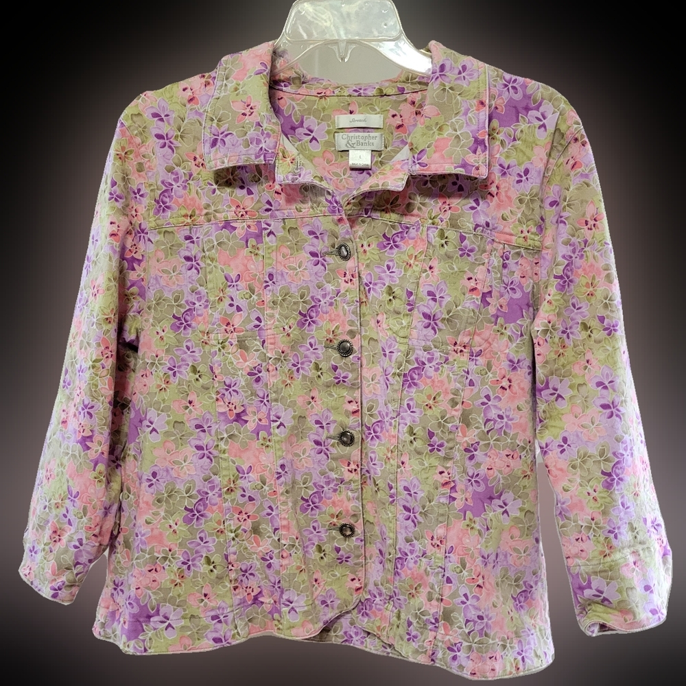 Womens C&B Stretch Sz L Jean Jacket button up Spring pastel floral